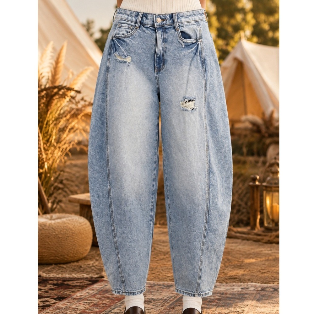 Fashion Nova Womens High Rise Distressed 9 Barrel Leg Jeans Light Wash Blue 6384